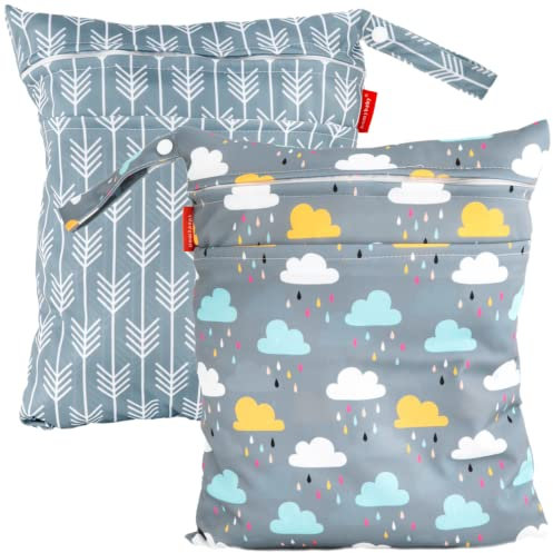 HOMYBABY® Bolsa Impermeable de Tela [2pcs] - Organizador de pañales o Ropa guardería y Colegio - Neceser Viaje, Playa, Piscina, Deporte - Bolsa pañales de Tela para Bebe - Bolsa merienda (Set C, L)