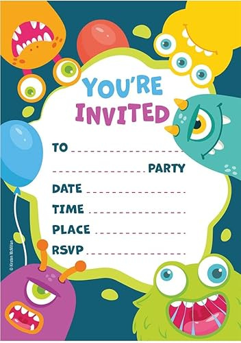 Kirsten McMillan 32 Monster Birthday Party Invitations for Kids with Envelopes - Pack of 32 Monster Party Invites for Girls & Boys - Designed and Printed in the UK