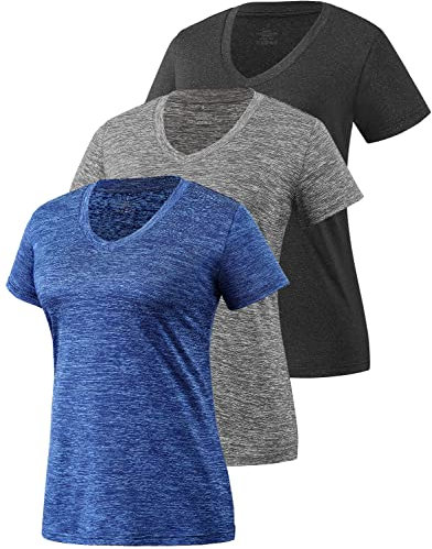 Star Vibe 3 Pack Women's Short Sleeve Dry Fit T-Shirts Moisture Wicking Athletic V-Neck Gym Tee Exercise Yoga Tops Black/Gray/Navy XL