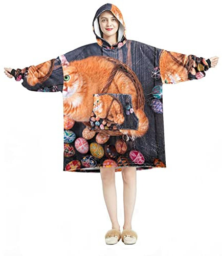Ostereier Katze tragbare Decke Hoodie, übergroße Kapuzendecke Sweatshirt, Mehrfarbig, Einheitsgröße