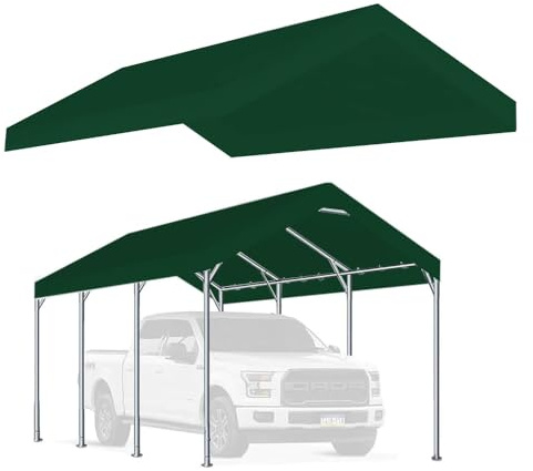 Vanteriam 12'x20' Upgraded Carport Replacement Top Canopy Cover for Car Garage Shelter Tent Party Tent with Ball Bungees Green (Only Top Cover, Frame is not Included)