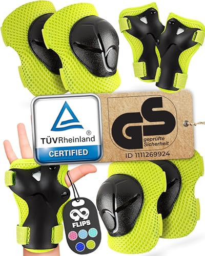 99FLIPS Knieschoner Kinder 3 Jahre Schoner Inliner Kinder - Schlittschuhe Kinder [6er Set] FLASH - XS Grün - Protektoren - Knieschützer Kinder Protektoren Knie- und Ellenbogenschützer