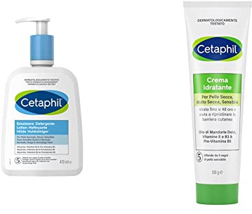 Cetaphil, Emulsione Detergente Fluido, Crema Viso e Corpo Idratante per Pelle Sensibile, 470 ml & Crema Idratante Viso e Corpo per uso frequente, Idratazione intensa 100 g