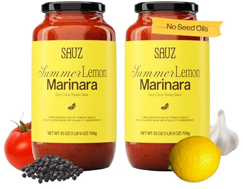Sauz Summer Lemon Marinara Sauce | Clean Ingredients, No Seed Oils, Gluten-Free | Fresh Citrus Tomato Sauce for Pasta, Pizza, Spaghetti & More | Crafted in Small Batches | 12 Servings Total (25oz Jars, 2-Pack)