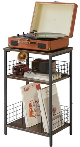 YMYNY 3 Tier End Table, Record Player Stand with Storage, Industrial Tall Side Table, Small Bookshelf, Bookcase, Display Rack, Telephone Table for Living Room Bedroom 40×29×62.5CM Gray HST009G