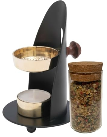 Quemador de Incienso de Latón | Incensario de Vela Ajustable | Muestra de Incienso en Grano y Vela Inlcuidos | Ancestrad (Negro)