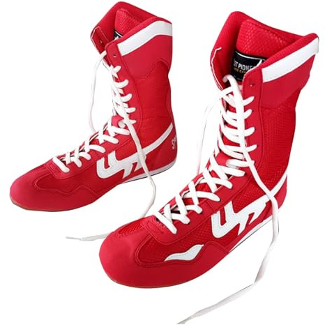 Boxing Shoes High Top Training Wrestling Shoes Long Boots Boxing Shoes Competition Training Trainers Men Black White Sole, red, 11 UK