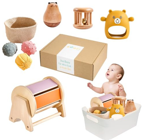 AWARIKIDS Montessori Spielzeug-Set für Babys & Kinder - pädagogisch wertvoll Baby Spielzeuge, 6 in 1 Baby Spielzeug Spinntrommel Baby Ball Geschenk für Baby Spielzeug ab 3 6 9 Monat (5-6 Monate)