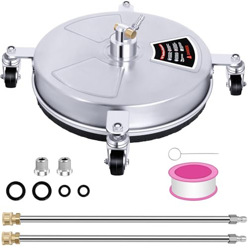 15in Pressure Washer Surface Cleaner with Adapter Compatible with Karcher K2–K7, Stainless Steel Rotary Cleaner with 4 Wheels, 4000 PSI, 1/4 Quick Connect, 2 Extension Wands for Driveways & Patios