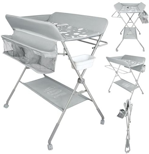 OHMG Baby Wickelkombi Klappbare Wickelkommode,Wickeltisch mit Rollen,Mobiler Wickeltisch mit Wickelauflage,Sicherheitsgurt und Ablagefächern,Wasserdicht und Höhenverstellbar,Stabil