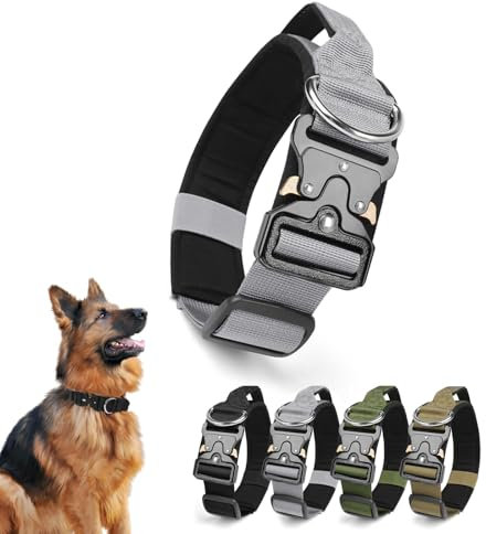 Ledeak Taktisches Hundehalsband mit Griff, Verstellbares Anti Zieh Breites Hunde Halsband Gepolstert, Dog Collar mit Metallschnalle erziehungshalsband für Hunde (Silber, L)