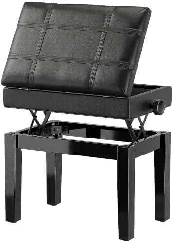 HOMCOM Sgabello per Pianoforte Altezza Regolabile 63x35x46-56cm Nero | Vano Contenitore, Panca per Pianoforte in Legno e Finta Pelle PU