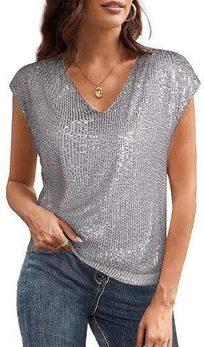 GRACE KARIN Blusa de Lentejuelas Brillantes para Mujer, Manga Corta, Cuello en V, túnica para Fiesta de Navidad, Gris Plateado, XL