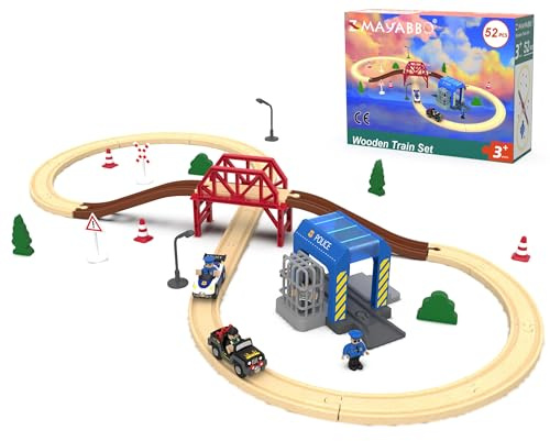 Wooden Train Set for Toddlers, 52Pcs Train Toy with Railway Track for Kids, Wooden Train Tracks Include Expansion Pack Compatible with Thomas, Brio, Chuggington