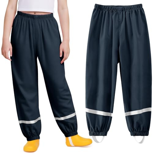 Domueay Pantaloni Impermeabili Bambino Bambina Pantaloni Pioggia Leggero Traspirante Pantaloni Antipioggia Antivento con Striscia Riflettente Pantaloni Fango per 9-10 Anni, 134-140 Blu marino