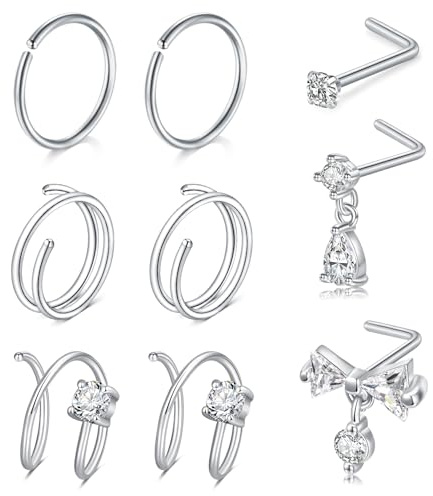 AVYRING Set di 9 piercing da naso da donna, in acciaio inox, 20 g, 0,8 mm, a forma di L, con zirconi, lacrime e fiocco, gioiello per naso argento/oro, Acciaio inossidabile