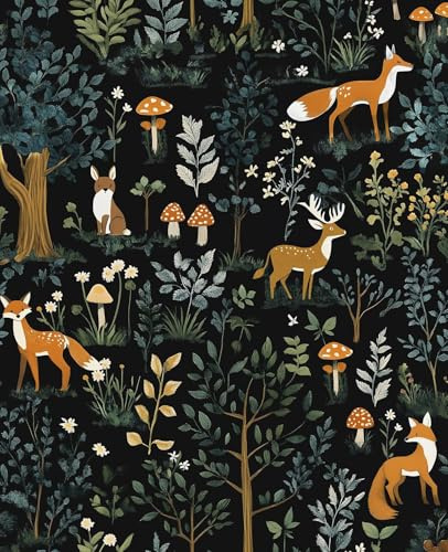 VOLEAAR Dark Animal Peel and Stick Wallpaper, Vintage Floral Forest Fox Wallpaper for Nursery Kid Bedroom Stair Door Cabinet, Removable Vinyl Mushroom Contact Paper Peelable Navy Orange 17.5In x 118In