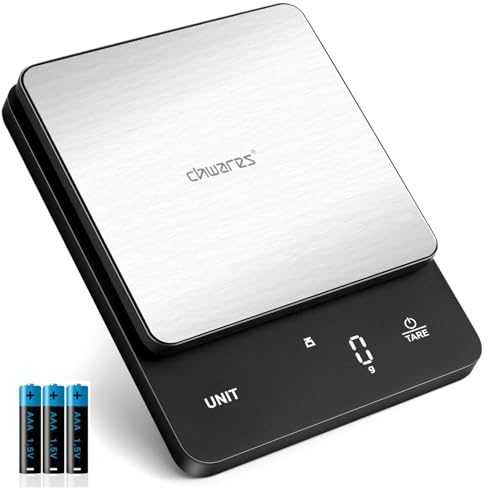 Digital Food Weight Scale with Stainless Steel Weighing Surface Electronic Kitchen Scale, LED Magic Digits,Units in g/fl.oz./lb(oz.)/ml, 5kg-1g/11lb-0.1oz, 3*AAA Batteries(Included)