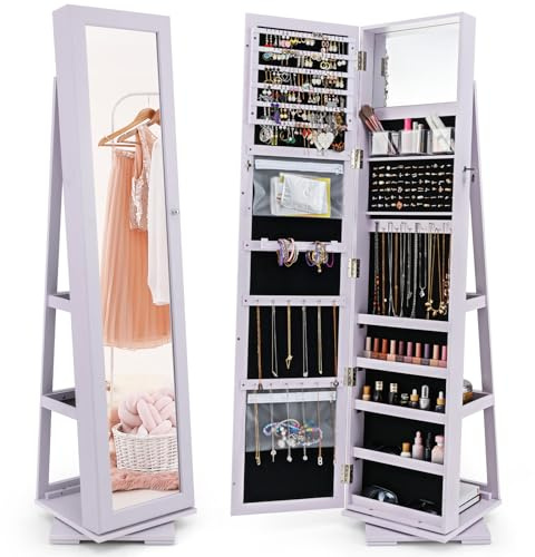 COSTWAY Armoire à Bijoux Pivotante à 360 Degrés, Organisateur de Bijoux sur Pieds, avec Grand Miroir Psyché et Etagère de Rangement à L'Arrière (Violet)