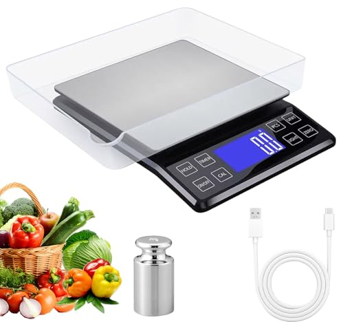 0,1 g/5 kg Báscula de cocina digital grande: báscula de cocina de alta precisión, recargable por USB, plataforma de pesaje de acero inoxidable con bandeja, adecuada para alimentos, cocina, color negro