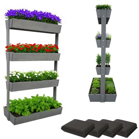 Coemo Jardinera vertical Vera de madera gris 85 x 45 x 140 cm – bancal alto con 4 niveles, ahorro de espacio para balcón y terraza, jardineras ajustables en altura, jardín e interior, bancal