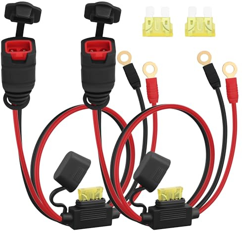 TIENFOKOTA 2 câbles de Chargeur de Batterie Permanent GC002 X-Connect avec cosses à œillet M6 et fusible 20 A, pour Motos, quads, UTV, générateurs et Entretien de Petits Moteurs – 16 AWG, 53 cm