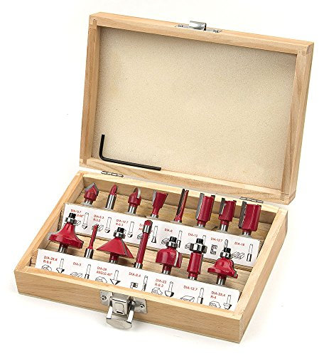 Malayas 15Pezzi Set Frese per Legno, attacco da 6,35 mm 1/4 '' Set di punte per router con punta in carburo di tungsteno,in Scatola di Legno/
