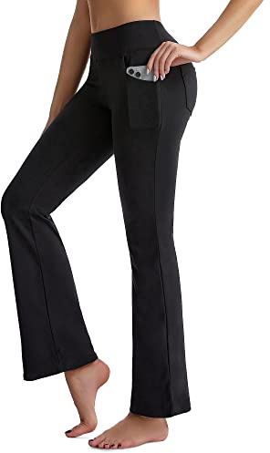CAMBIVO Ladies Stretch Bootleg Trousers, Bootcut Yoga Pants for Women, Comfy Soft Flared Leggings with Pockets and Elasticated Waist for Sports, Casual Wear(Black, M)