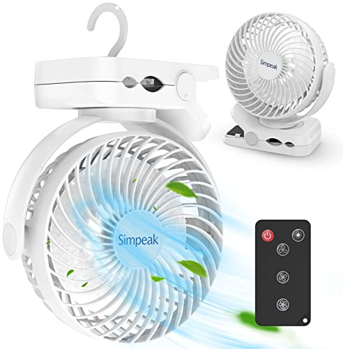 Simpeak 8000 mAh Ventilatore USB con Telecomando Mini Ventilatore Portatile da Campeggio Ventilatore da Tavolo Morsetto con 3 Velocità| 3 Modalità di Luce a LED| Rotazione a 720°