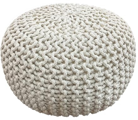 YORKSHIRE HOMEWARE Large 100% Cotton Chunky Knitted Round Pouffe Handmade Bean Filled Home Living Room Children Foot Stool Ottoman (Natural)