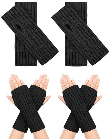MELLIEX 2 Pairs Fingerless Gloves Wrist Warmers Gloves with Thumb Hole Thermal Mittens Winter Unisex，Black + Black