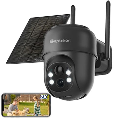 Septekon 2K Solar Security Cameras Wireless Outdoor, 360°PTZ Battery Powered Outdoor Camera, 2.4G WiFi Camera with Spotlight Color Night Vision, Motion Sensor Alarm, IP66-Black