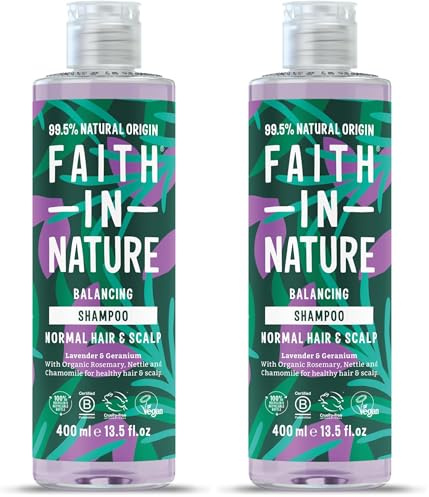 Faith In Nature Natural Lavender & Geranium Shampoo, Balancing for Normal Hair & Scalp, Vegan & Cruelty Free, No SLS, Silcones or Parabens, 400ml (Pack of 2)