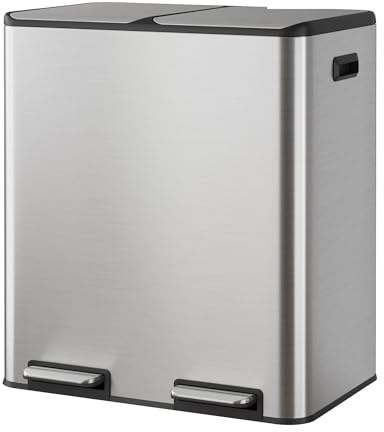 WLIVE 2 x 8 Gallon Stainless Steel Dual Trash Can, Double Trash Can Kitchen with Soft-Close Lid, Trash and Recycle Bin Combo, Kitchen Garbage Can with Deodorizing Filter Box and Inner Buckets, Silver