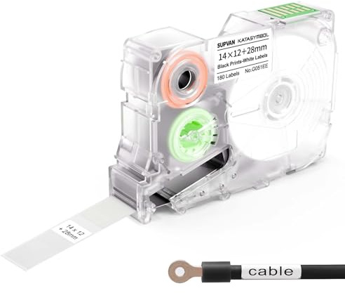 SUPVAN G15M Kabel Etikettband, 14mm x 12mm + 28mm, 180 pcs, Svart På Vit | Termisk Överföring, Vattentålig, Oljebeständig, Blekningsfri, Självhäftande, 10 Års Hållbarhet, Kontor, Utomhus & Industri