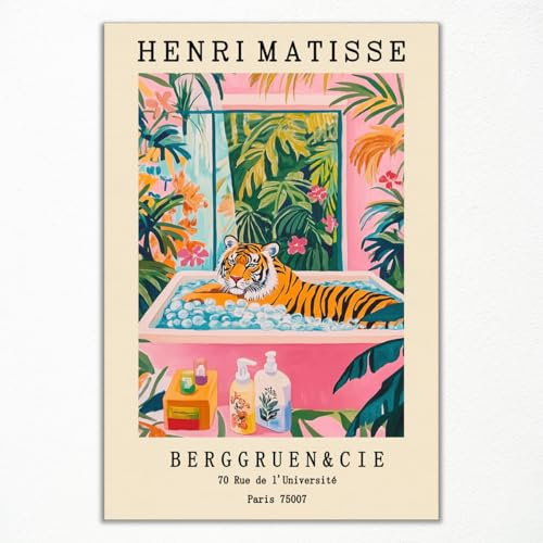 Henri Matisse Impresión en lienzo, Tigre en la bañera, Póster divertido de baño Impresión Animal Tigre Lindo Rosa Verde Playa Dopamina Decoración Mural Flor Tropical Botánica 30x40cm