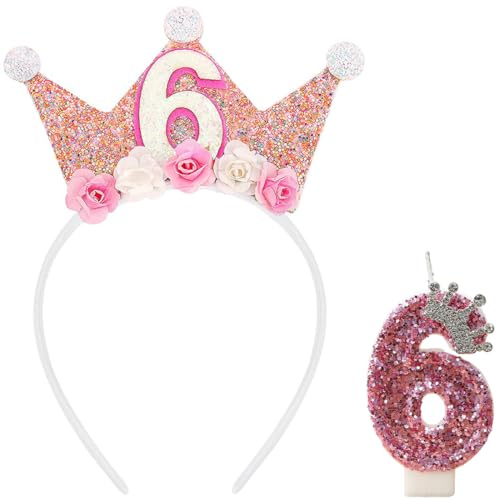 GGUFAY Set Compleanno per 6 Anni: Corona con Glitter e Fiori, Candeline Numeriche con Corona in Cristalli