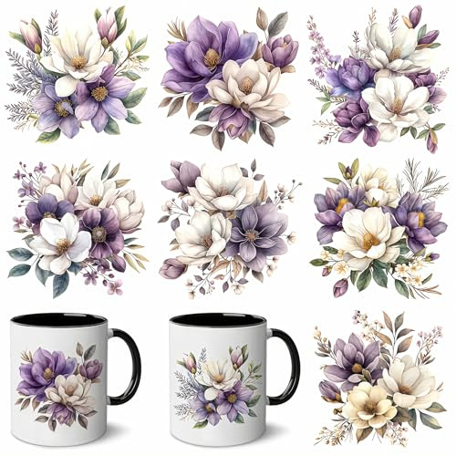 7pcs Merry Christmas Purple Flower Leaf UV DTF Cup Wraps Transfer Waterproof Sticker for Glass Cups Furniture Craft DIY Crafts,Rub on Transfer Stickers for DIY Water Bottle Laptop Decal Wood Car
