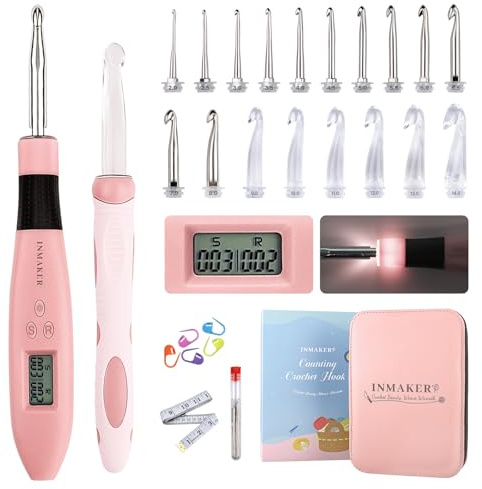 INMAKER Led Häkelnadel Set mit Licht, 18in1 Beleuchtete Häkelnadel set ergonomisch, 2-14mm Häkelnadeln Set Geschenke für Strickliebhaber