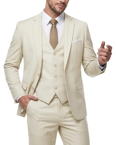 MY'S - Men's 3 Piece Slim Fit Suit Set, 2 Button Jacket, Vest with Tie, Plain Wedding Dress and Pants Set, Cream, M