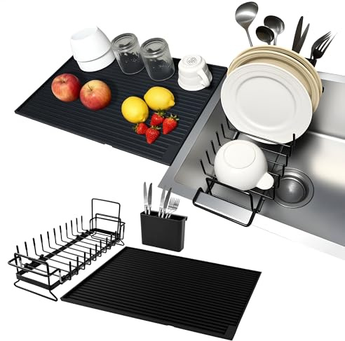 WZGUSXN Dish Drying Rack, Stainless Steel Expandable in Sink & Countertop, Space Saving with Silicone Mat and Drying Rack for Kitchen, Rv, Commercial Use