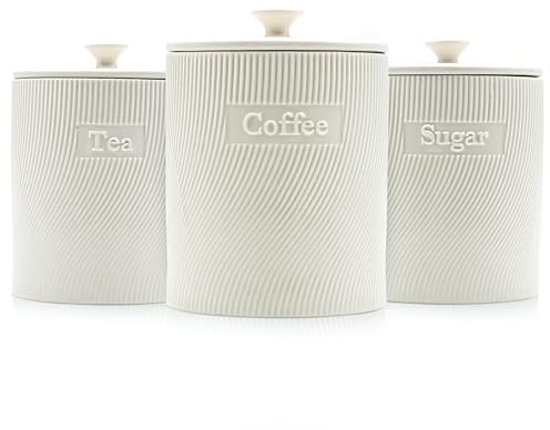 YC Collections Jeanne - Tea Coffee Sugar Canisters Set - Set of 3 Porcelain Ceramic Jars - Large 1 Litre Capacity Storage Container with a Airtight Lid - Perfect for Gift