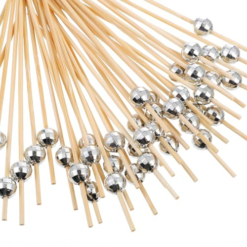Bremorou 100 stycken cocktailspett, trä, cocktailpinnar med silver, discokula, 12 cm, fingermat, spett, tandpetare, fruktspett, skålspett, för snacks, engångs