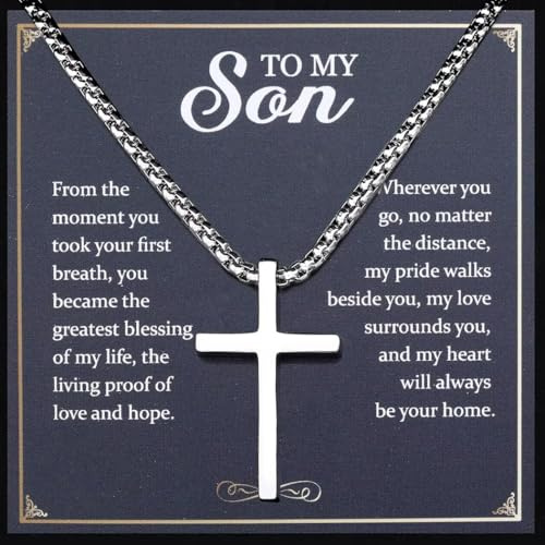 TEN MIRO Silver Cross Necklace for Men Boys Stainless Steel Cross Pendant Necklace Christian Religious Jewelry with Gift Box & Card Birthday Anniversary Christmas Father's Day Easter Gifts for Him
