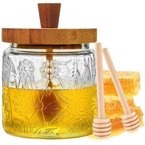 16.9oz Glass Honey Pot Clear Airtight Jar with Dipper and Lid,Honey Dispenser for Home, Honey Jar with 2 Sticks,Vintage Honey Storage Container,Jam Jar Container,Syrup Container for Home Kitchen