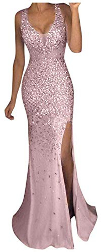 Maxi abito da sera da donna con paillettes, scollo a V profondo, spacco laterale, in tulle elegante glitterato per cocktail e feste di gala, rosa, S