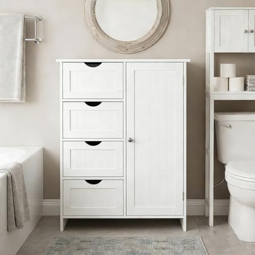 Bonnlo Bathroom Floor Storage Cabinet Cupboard, Bathroom Storage Unit with 4 Drawers & 1 Door - Adjustable Shelf, Bathroom Cabinet Freestanding, 56x30x80cm, White