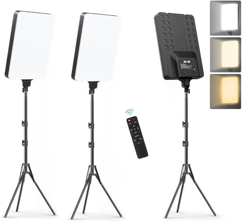 2X Panel de Iluminacion Fotografica Luz de Relleno Fotografia Videos Luces Led Pantalla 16 2700k-7500K, Trípode Regulable Filmación Zoom Videoconferencia TikTok con Mando (2 Luces - 2 Tripodes 16)