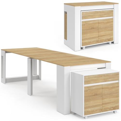 IDMarket - Table Buffet Extensible Orlando 14 Personnes 285 cm | Coloris bois blanc et façon hêtre