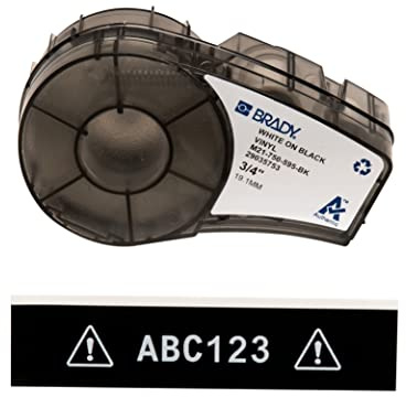 Brady Ruban d’étiquettes vinyles étiqueteuses M211 et M210 - Étiquettes imprimables vinyles adhésives- Blanc sur noir (19.05mm x 6.40m)-M21-750-595-BK
